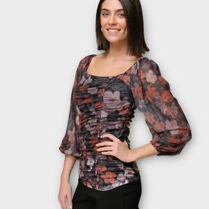 Marissa Olivia Ruched Mesh Floral Blouse